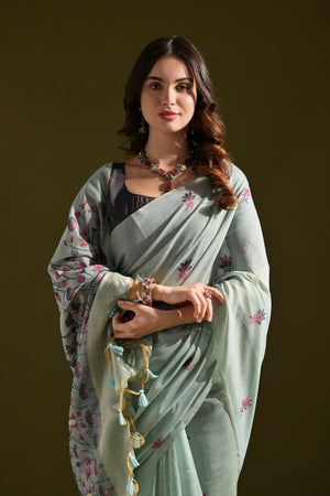 Grey Floral Woven Cotton Saree (Eth_SR_118)