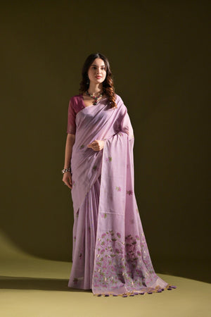 Purple Floral Woven Cotton Saree (Eth_SR_119)