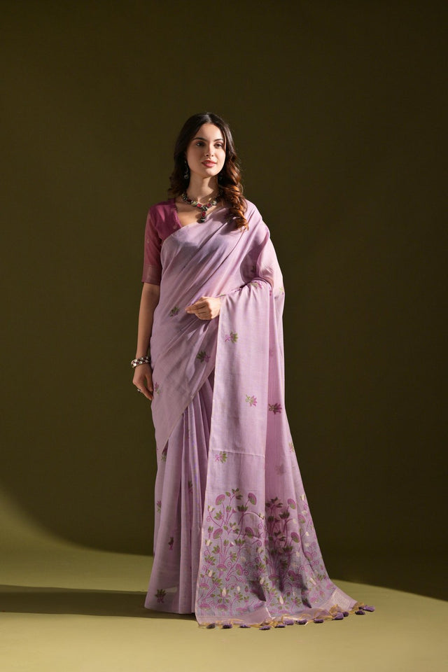 Purple Floral Woven Cotton Saree (Eth_SR_119)