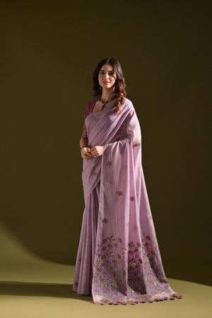 Purple Floral Woven Cotton Saree (Eth_SR_119)