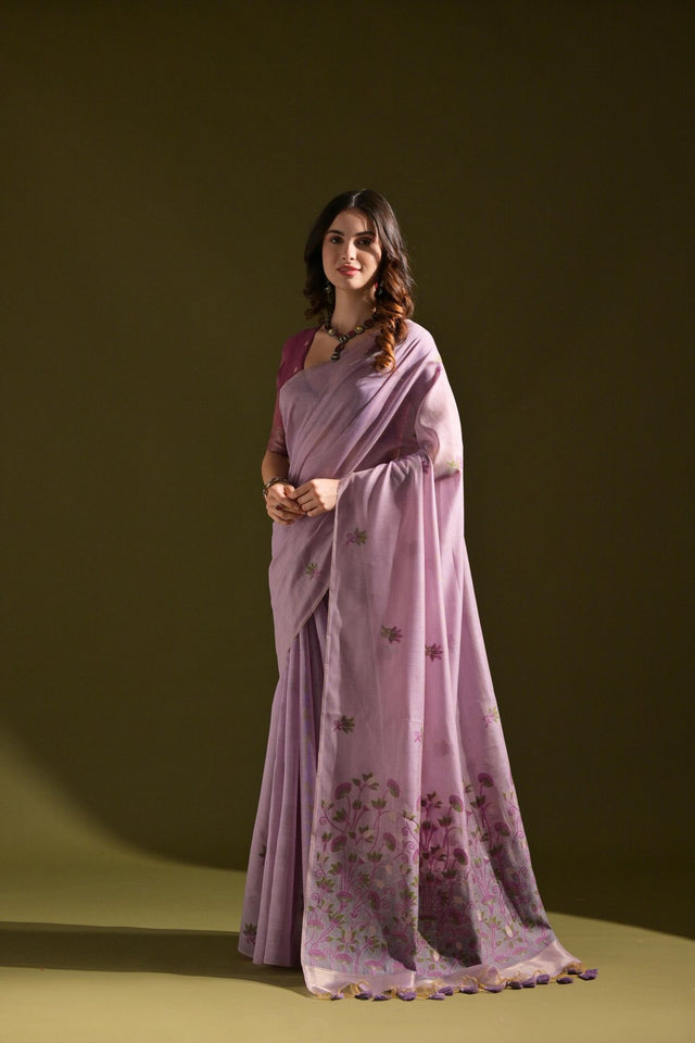 Purple Floral Woven Cotton Saree (Eth_SR_119)