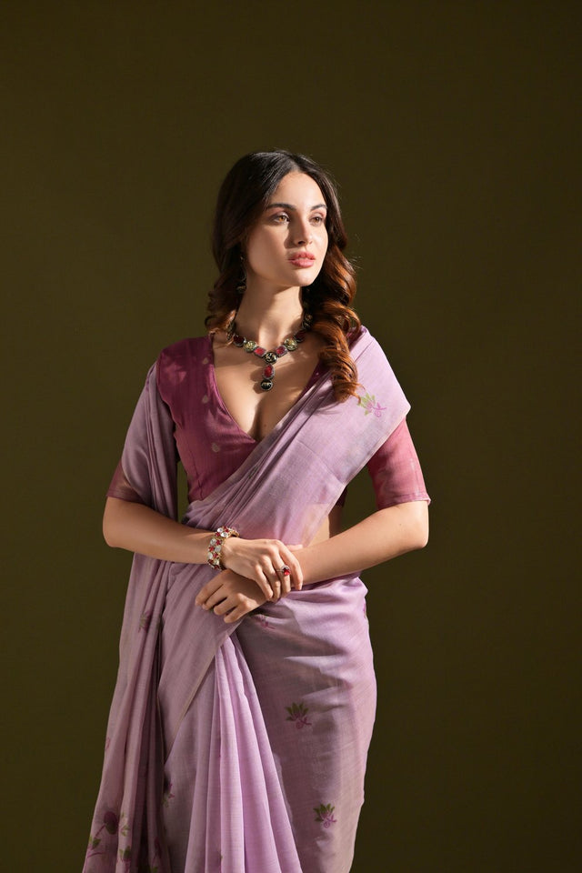 Purple Floral Woven Cotton Saree (Eth_SR_119)