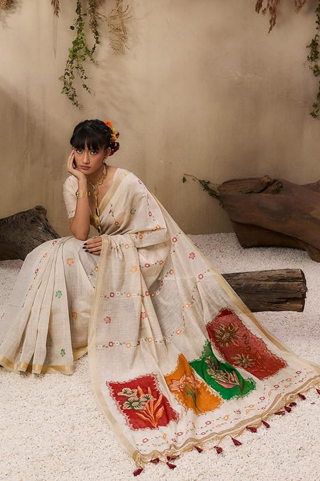 Cream Floral Woven cotton Saree (Eth_SR_146)