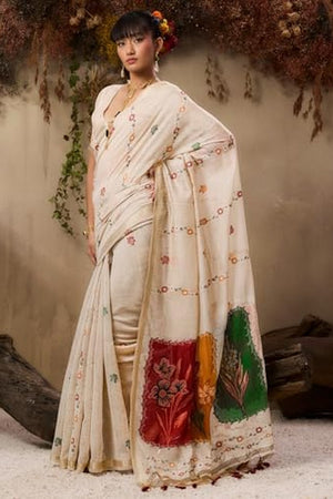 Cream Floral Woven cotton Saree (Eth_SR_146)