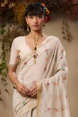 Cream Floral Woven cotton Saree (Eth_SR_146)