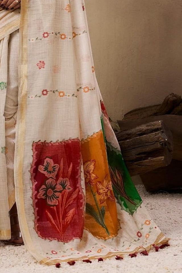 Cream Floral Woven cotton Saree (Eth_SR_146)