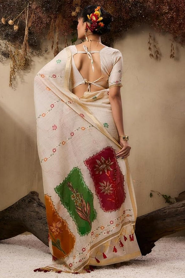 Cream Floral Woven cotton Saree (Eth_SR_146)