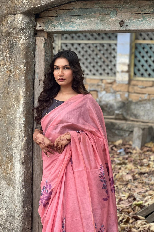 Pink Floral Woven Art Silk Saree (Eth_SR_159)