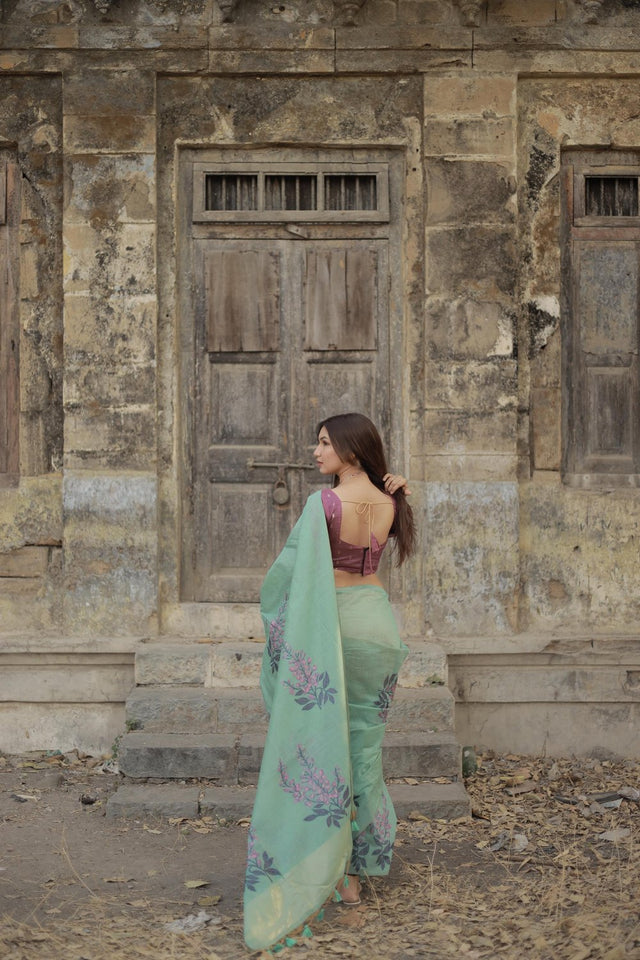 Turquoise Floral Woven Art Silk Saree (Eth_SR_161)