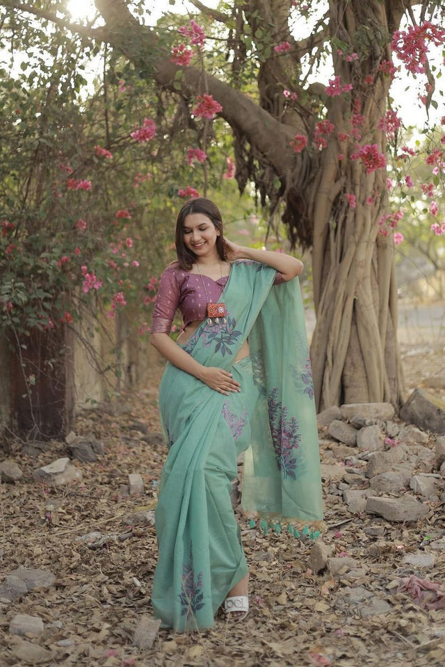 Turquoise Floral Woven Art Silk Saree (Eth_SR_161)