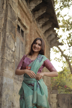 Turquoise Floral Woven Art Silk Saree (Eth_SR_161)