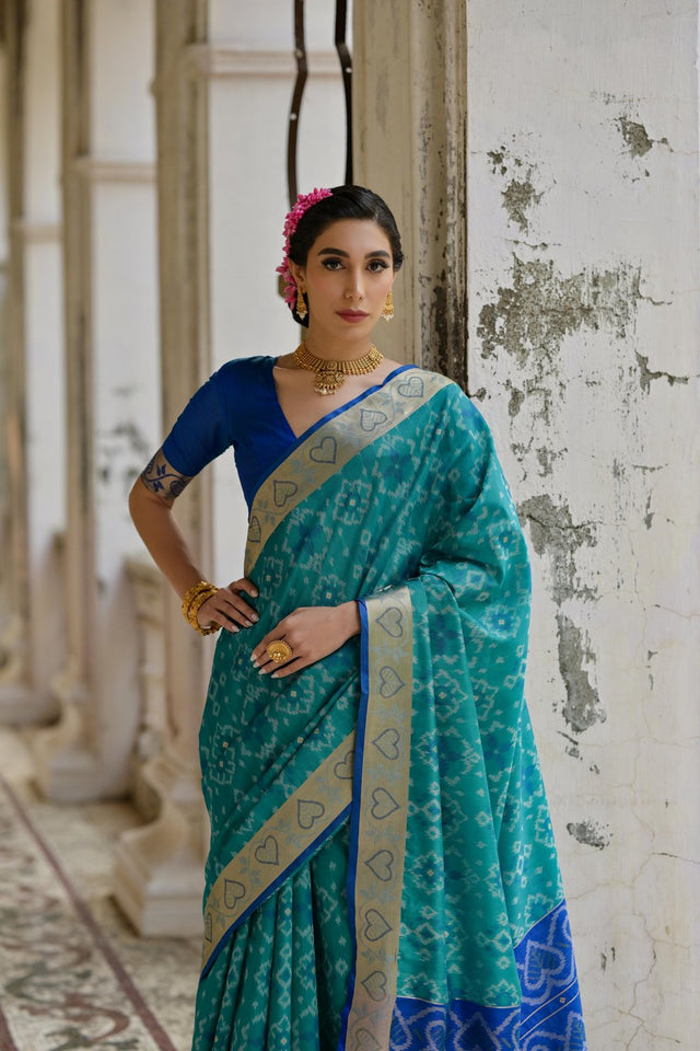 Turquoise Floral Woven Art Silk Saree (Eth_SR_241)