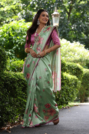 Turquoise Floral Printed Art Silk Saree (Eth_SR_254)