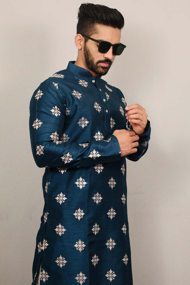 Blue Floral Silk Men's Kurta Set