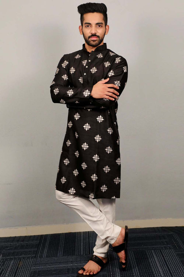 Black Floral Silk Men's Kurta Set