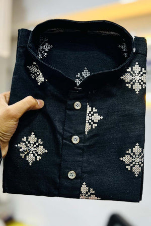 Black Floral Silk Men's Kurta Set