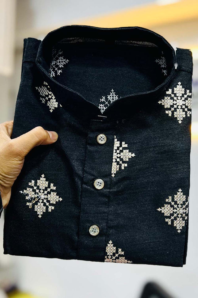 Black Floral Silk Men's Kurta Set
