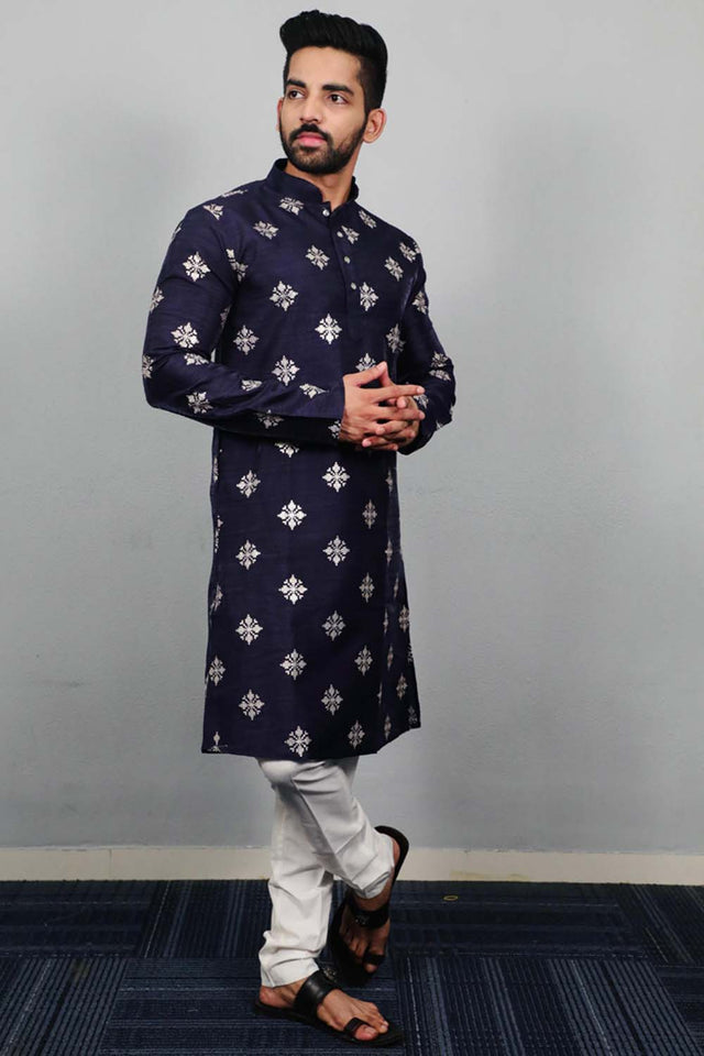 Blue Floral Silk Men's Kurta Set