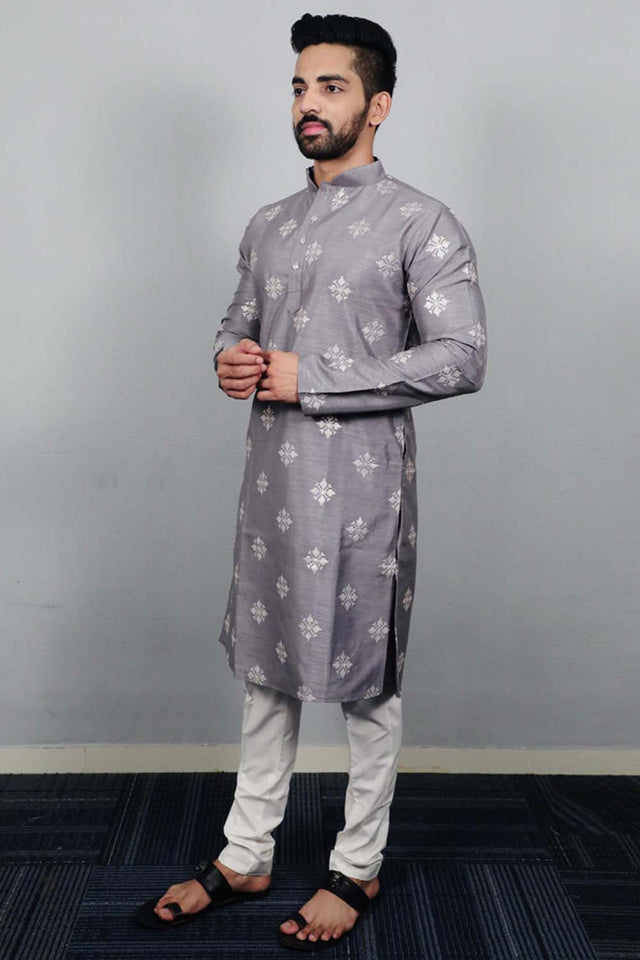 Grey Floral Silk Men's Kurta Set