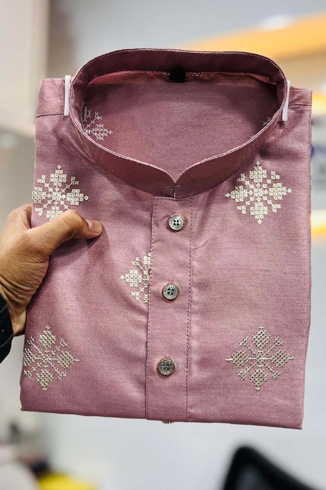 Pink Floral Silk Men's Kurta Set