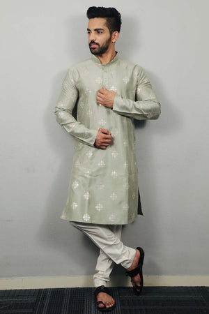 Green Floral Silk Men's Kurta Set