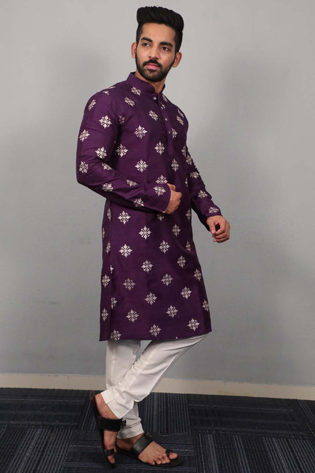 Violet Floral Silk Men's Kurta Set