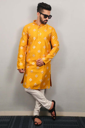 Yellow Floral Silk Men's Kurta Set