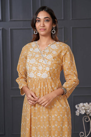 Yellow Floral Printed Cotton Kurti Pant Set