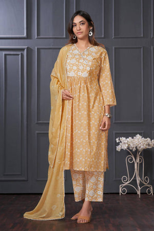 Yellow Floral Printed Cotton Kurti Pant Set