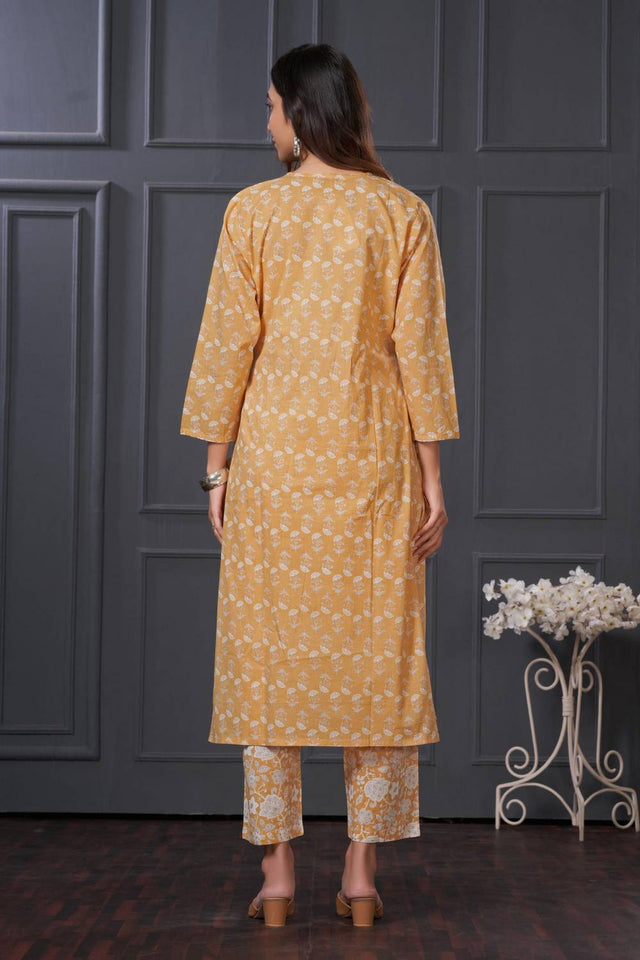 Yellow Floral Printed Cotton Kurti Pant Set