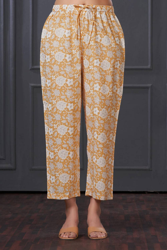 Yellow Floral Printed Cotton Kurti Pant Set