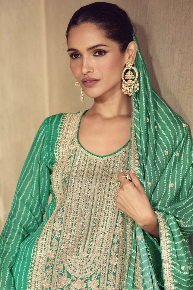 Green Embellished Art Silk Sharara Suit Set (gulkayra mrunal-7573)