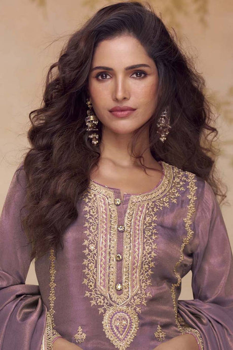 Violet Embroidered Shimmer Straight Cut Suit Set