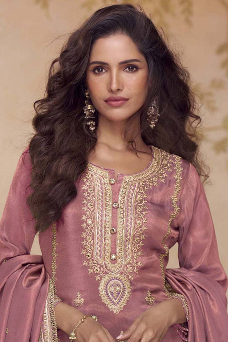 Peach Embroidered Shimmer Straight Cut Suit Set