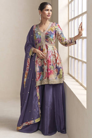 Violet Floral Printed Art Silk Sharara Suit Set (gulkayra raaga-7593)