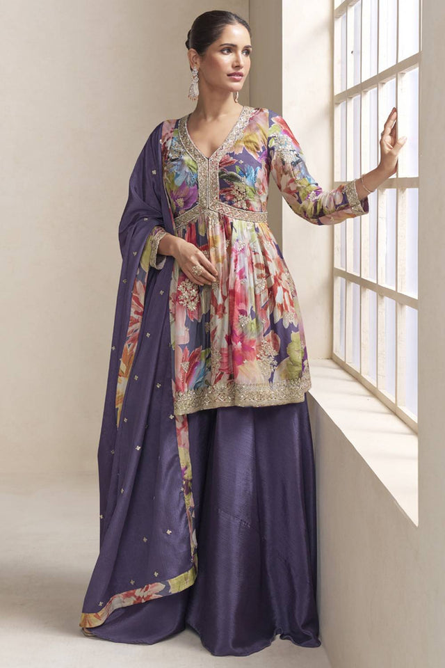 Violet Floral Printed Art Silk Sharara Suit Set (gulkayra raaga-7593)