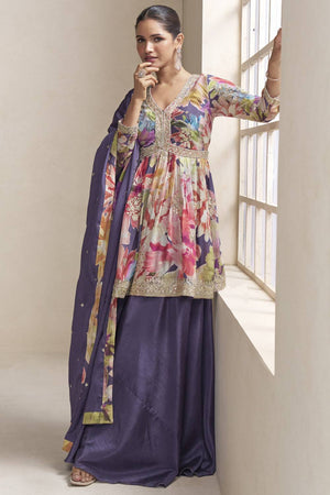 Violet Floral Printed Art Silk Sharara Suit Set (gulkayra raaga-7593)