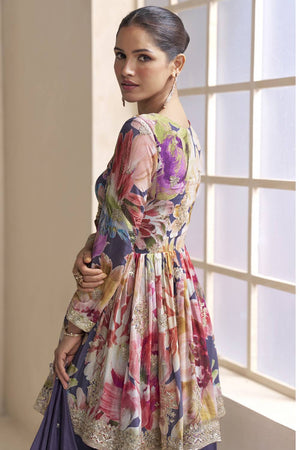 Violet Floral Printed Art Silk Sharara Suit Set (gulkayra raaga-7593)