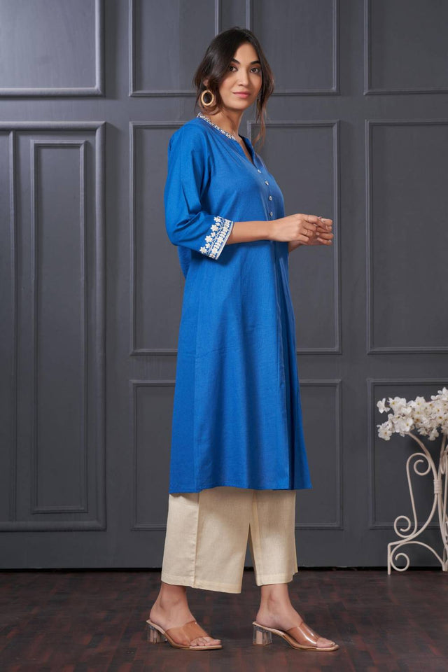Blue Solid Cotton Kurti Pant Set