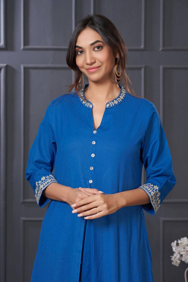 Blue Solid Cotton Kurti Pant Set