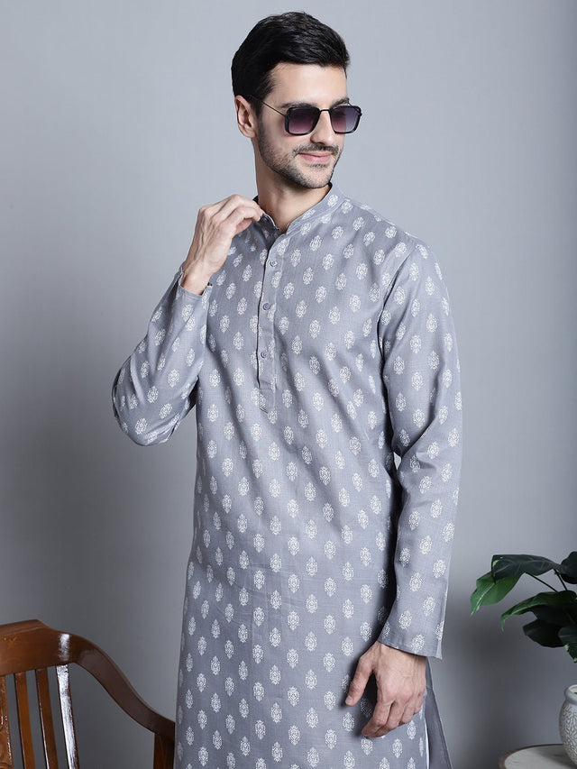 Men's Grey Cotton Floral Printed Kurta