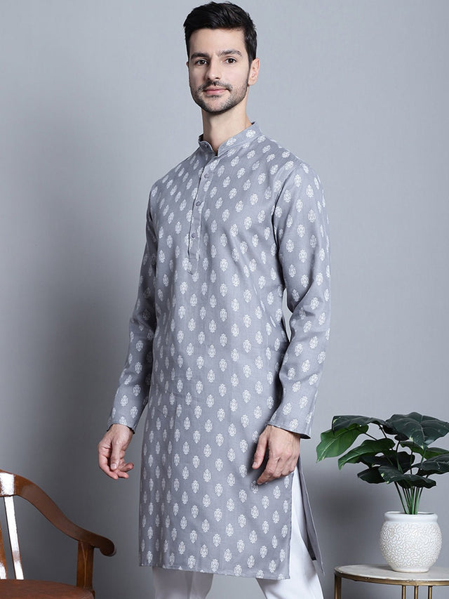 Men's Grey Cotton Floral Printed Kurta