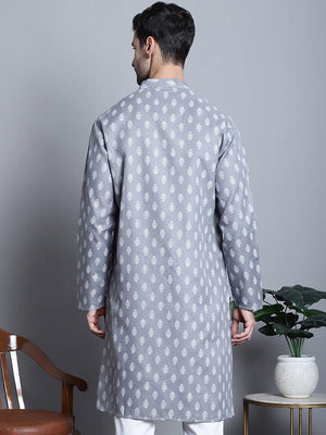 Men's Grey Cotton Floral Printed Kurta