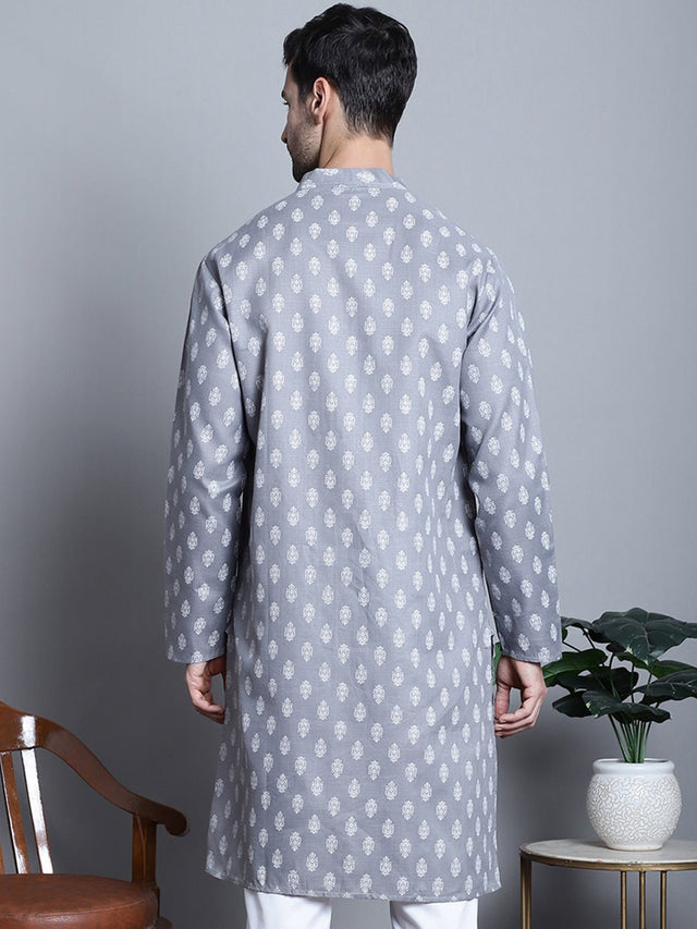 Men's Grey Cotton Floral Printed Kurta