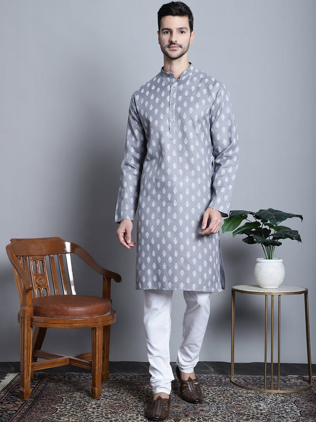 Men's Grey Cotton Floral Printed Kurta