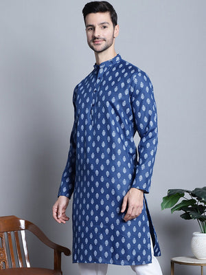 Men's Navy Blue Cotton Floral Printed Kurta