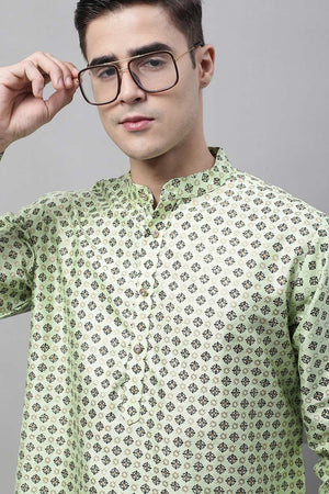 Men's Pista Green Printed Silk Blend Kurta