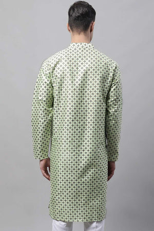 Men's Pista Green Printed Silk Blend Kurta