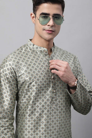 Men's Green Printed Silk Blend Kurta