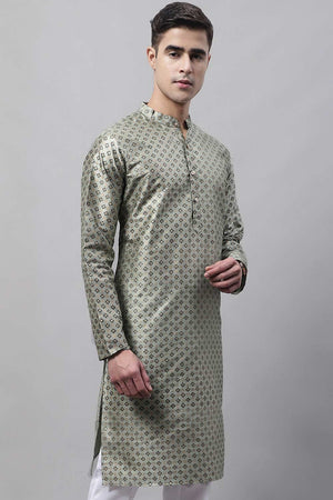 Men's Green Printed Silk Blend Kurta
